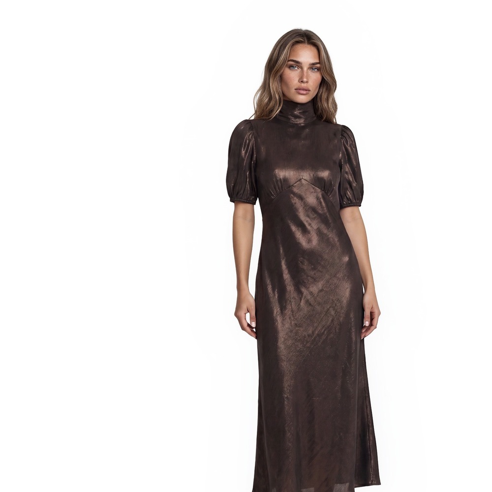 NEW Lulus Maxi Dress Women's Size XS Black Bronze Metallic Puff Sleeve Evening